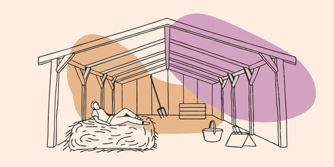 Poster - Quiet Farm Shed A person relaxes on a hay bale in a rustic shed listening to the rain drumming on the tin roof. Sunlight filters through gaps casting soft beams on the dusty floor