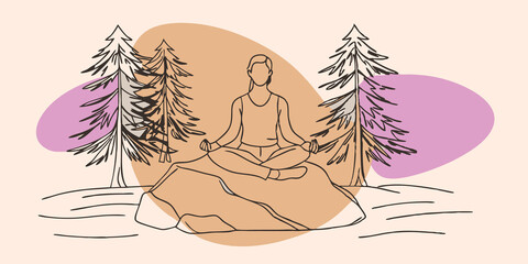 Poster - Quiet Meditation A person sits crosslegged on a large rock beside a tranquil spring eyes closed as they meditate. The water glistens in the sunlight and the surrounding pine trees