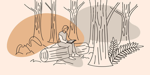 Poster - Quiet Forest Glade A person sits on a fallen log in a lush forest skimming their pencil across a sketchbook as they study the dappled light filtering through the leaves. The