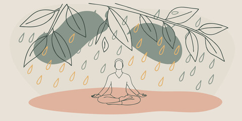 Poster - Quiet Contemplation A person sits crosslegged on a grassy patch gazing upwards with a look of serenity. Above them vibrant green leaves drape low dotted with glistening raindrops.