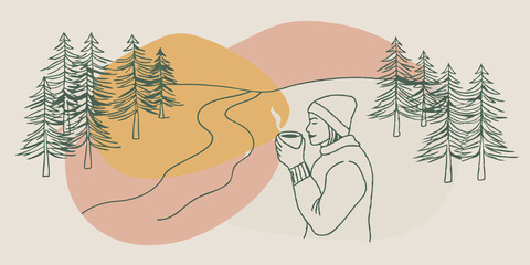 Poster - Quiet Reflection A person in a cozy sweater gazes at the flowing water while gently sipping tea. Tall pine trees frame the scene creating a peaceful backdrop for this tranquil