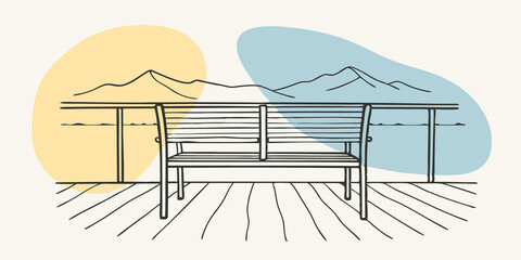 Aufkleber - Quiet Reflection A single bench on the deck provides the perfect vantage point to sit and reflect. The tranquil scene captures the essence of solitude with the distant mountains