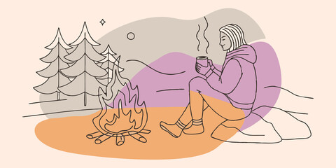 Poster - Quiet Reflection A single figure sits on a stone beside the campfire looking thoughtfully into the flames. They hold a thermos in one hand and a gentle steam rises as they pour a