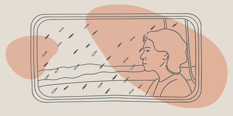 Poster - Reflection and Thoughtfulness A side view of the person looking out the window their expression thoughtful. The raindrops create a soft barrier allowing their imagination to wander