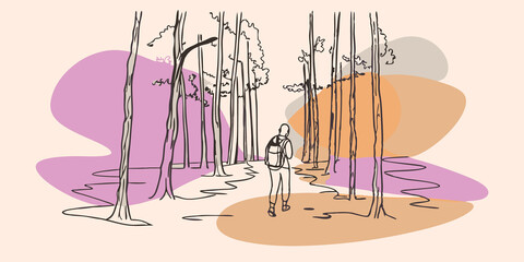 Poster - Reflection on Puddles In this scene the forest floor is dotted with puddles reflecting the canopy above. The hiker pauses momentarily capturing the beauty of the mirrored trees in