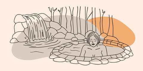 Poster - Quiet Solitude A figure relaxes in the serene waters of a hot spring with their eyes closed enjoying the warmth. Tall trees line the background casting shadows on the rocks and a