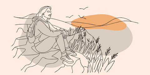 Poster - Quiet Reflection Sitting on the edge of a rocky outcrop the hiker gazes into the horizon a peaceful smile on their face. A gentle breeze rustles the grass nearby as they reflect on