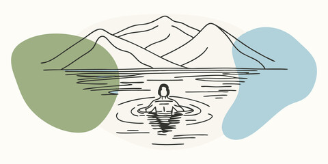Poster - Reflection of Nature A swimmer pauses to take in the beauty around them their reflection visible in the calm waters. Majestic mountains rise in the background while a light breeze