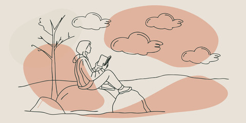 Poster - Reflective Moments Sitting on a weathered rock a person holds a small notebook sketching the everchanging patterns of clouds. Their gaze wanders from the page to the sky captivated