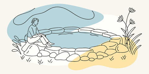 Poster - Reflective Moment A solitary figure is seated on a rock ledge beside a hot spring gazing thoughtfully into the water. Surrounding them are smooth stones and vibrant greenery with a