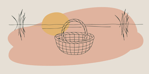 Poster - Reflections of Mindfulness An illustration of a reflective scene where the basket sits near a calm body of water. The water mirrors the contents of the basket creating a sense of