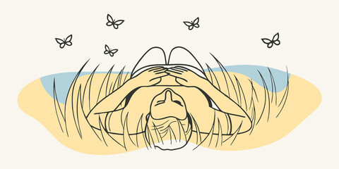 Poster - Reflective Moment A person lying on their back in the meadow staring up at the sky with their hands p gently on their stomach visibly rising and falling with each deep breath as