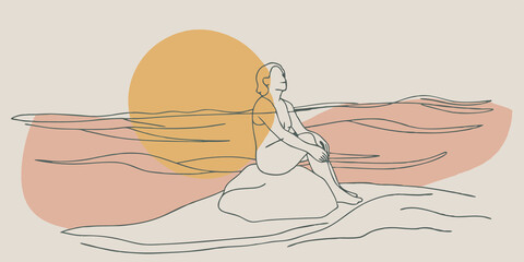 Poster - Reflective Posture A person perched on a smooth rock at the beach leaning slightly forward with hands resting on their knees. The warm sun casts a golden hue on their face while