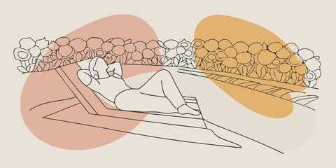 Poster - Relaxing with a View The person reclines on a comfortable chaise lounge facing a beautifully manicured garden. As they apply the clay mask they take a deep breath appreciating the