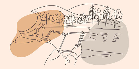 Aufkleber - Riverbank Reflection By the banks of a gently flowing river a figure leans over their sketchbook capturing the reflections of the surrounding trees on the waters surface. Brightly