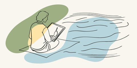 Poster - Riverbank Reflection Sitting on the bank of a gently flowing river a person sketches their shadow mirrored in the water. As they carefully draw the outlines they listen to the