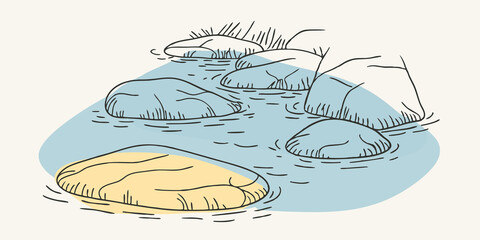 Poster - Rocky Edges Envision the bank of the stream lined with varying sizes of rugged rocks some partially submerged creating natural barriers. The rocks are covered with a soft patina of