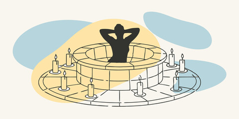 Poster - Romantic Glow A silhouette of a person leans back against the cool stone of the fountain surrounded by a circle of softly glowing candles. The light creates a warm halo around them