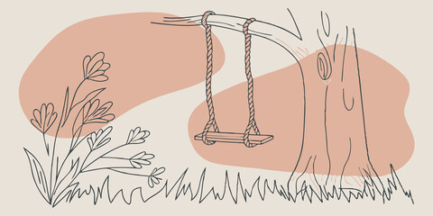 Poster - Rustic Charm The swing is tied with knotted rope to an ancient oak tree showcasing rustic charm. Surrounding it wildflowers spill over in wild abundance creating a pictureperfect