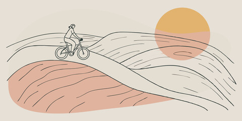 Poster - Rolling Hills Illustrated on a gentle slope a person rides their bike up a hill with a panoramic view of rolling hills and fields in the distance. The hills are painted in varying