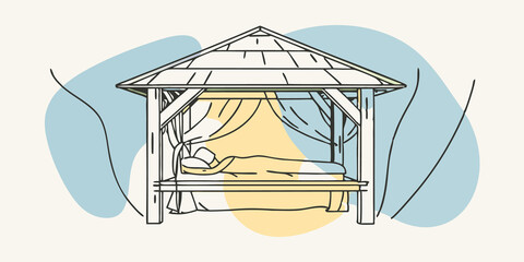 Poster - Rustic Outdoor Pavilion An individual lies on a massage table under a charming wooden pavilion surrounded by greenery. Soft fabric drapes from the pavilions edges and the wind