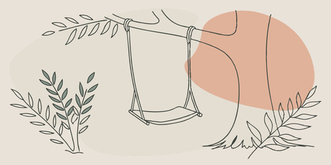 Poster - Rustic Relaxation The swing sways slowly in a light breeze tied securely to a robust tree branch. The surrounding greeneryferns and small shrubsframes the swing making it a perfect