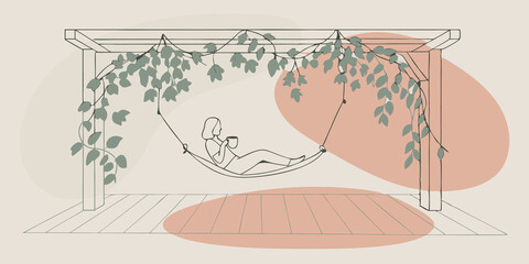 Poster - Rustic Porch Relaxing on a wooden porch swing a person enjoys a steaming cup of ed tea while nibbling on a slice of lemon loaf. Overhead vibrant green vines create a cozy shaded