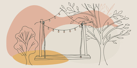 Poster - Rustic Vibes A rustic wooden swing hanging from a sy tree draped with ling string lights. The warm light enhances the peacefulness of the surrounding greenery and the tranquility