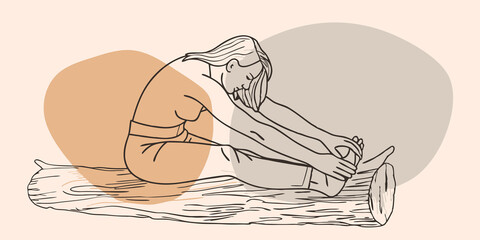 Poster - Seated Forward Bend Sitting on a mossy log an individual stretches their legs out in front reaching forward toward their feet. Their back is straight and their eyes are closed