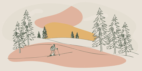 Poster - Serene Descent A person in a cozy winter jacket gracefully skiing down a gentle snowy slope. The quiet landscape is filled with tall snowladen trees and soft flurries of snow are