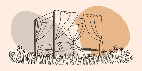 Poster - Serene Nature Setting A large open canopy bed with flowing white curtains gently blowing in the breeze. The bed is adorned with soft pillows and a cozy blanket nestled in a lush