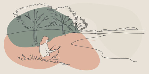 Poster - Serene Riverbank A person sits on the grassy banks of a gently flowing river sketchbook in lap. They focus intently on the waters reflections capturing the hues of green trees and