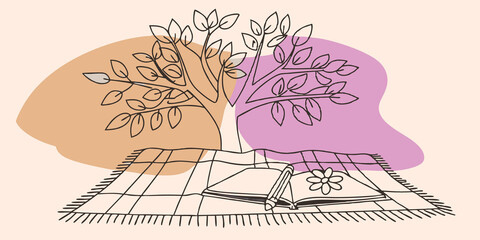 Poster - Serene Setting A peaceful picnic blanket is spread out under a large tree dappled sunlight filtering through leaves. A sketchbook lies open revealing a halffinished drawing of a