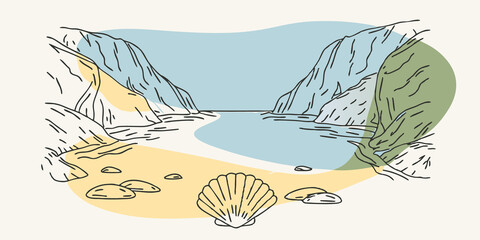 Aufkleber - Secret Sand Retreat Imagine a small sunlit cove protected by rocky outcroppings on either side. The soft warm sand invites your feet as you stroll along the shoreline. Seashells