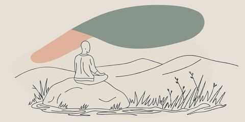 Poster - Seated in Nature A figure sits on a large boulder with a panoramic view of rolling green mountains. Their hand rests on their heart as they practice mindful breathing and a light