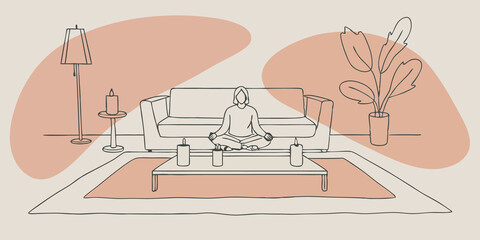 Poster - Serene Living Room Setting A cozy living room is dimly lit with various candles arranged on a low table. A person sits crosslegged on a plush rug eyes gently closed surrounded by a
