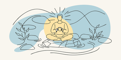 Poster - Serene Sip A figure sits crosslegged on a smooth rock holding a steaming cup of herbal tea. Sunlight glistens off the waters surface as small ripples dance around the smooth stones
