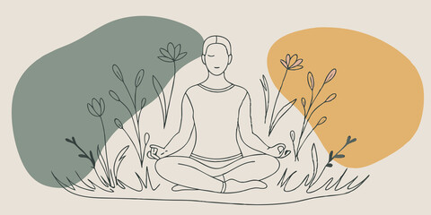Poster - Serene Posture A person seated crosslegged on soft green grass with eyes closed arms resting gently on their knees taking deep calming breaths surrounded by colorful wildflowers
