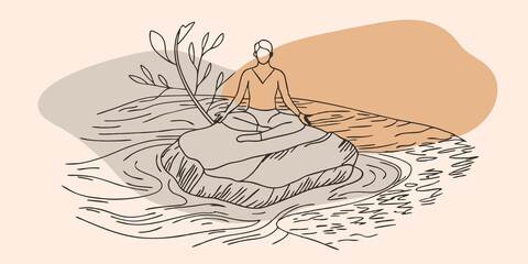 Poster - Serene Scene A person sits crosslegged on a large flat rock their hands resting gently on their knees. The flowing river glimmers with sunlight creating a sparkling effect as it