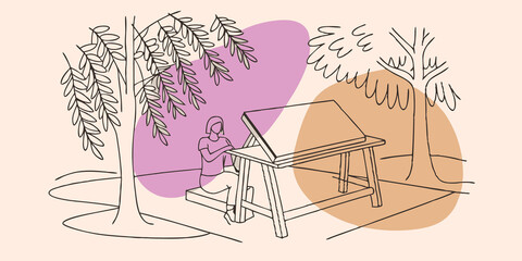 Poster - Setting the Scene The individual sits at a rustic wooden table outside with a blank canvas laid out in front. Sunlight filters through the trees casting dappled shadows creating a