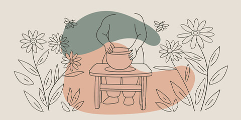 Poster - Serenity in a Garden A person is nestled in a tranquil garden surrounded by blooming flowers and buzzing bees. They sit at a small wooden table carefully crafting a clay pot while