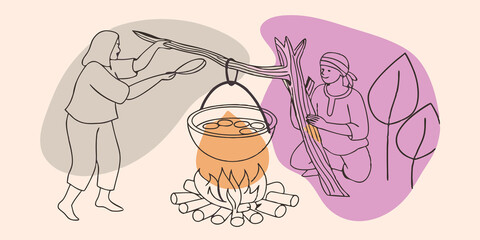 Poster - Simmering in a Pot A rustic pot hanging from a sy branch above the flames with a steaming stew made of seasonal vegetables. One person is stirring while another watches clearly