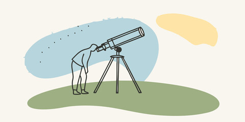 Poster - Silhouette in the Night A silhouette of a person leaning over a telescope set up on a grassy hill. The sky is awash with countless stars ling brightly against the deep indigo