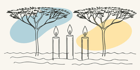 Poster - Silhouetted Trees Visualize the silhouette of tall trees lining the shore their dark forms contrasting against the luminous reflections of candlelight in the water blending natures