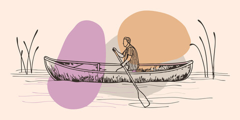 Aufkleber - Silhouette Serenity A dark silhouette of a canoe and its paddler stands out against the glowing backdrop of dawn. The lakes surface mirrors the colorful sky embracing the tranquil