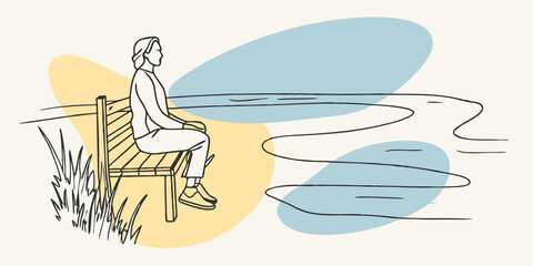 Poster - Sitting in Stillness A person is seated on a small bench positioned near the stream their feet lightly touching the ground. With their hands clasped together in their lap their