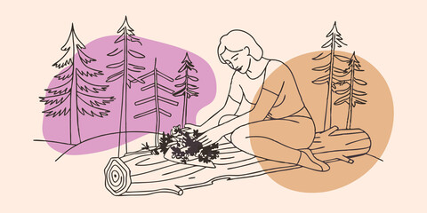 Poster - Sitting on a Log A person rests on a fallen log sorting through a pile of freshly gathered herbs like sage and oregano. They take a moment to appreciate the tranquility of the