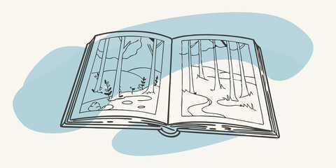 Aufkleber - Sketchbook Open to Nature Scenes An open sketchbook lies on a wooden table revealing a detailed pencil drawing of a tranquil forest scene. Shades of green fill the pages with