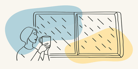 Aufkleber - Sipping Hot Beverage As rain pours outside the illustration shows the person holding a steaming mug of hot cocoa with wisps of steam curling up. Their eyes are drawn to the