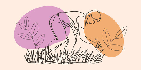 Poster - Slow Journey As the figure ambles along the grassy path they casually lean down allowing fingertips to trail through the grass. The sunlight filters through the emerald leaves